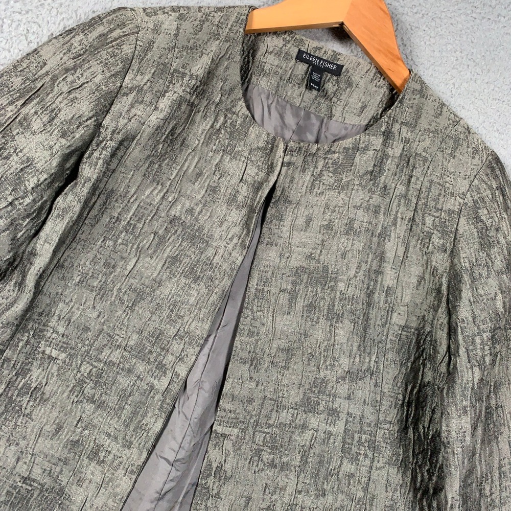 Eileen Fisher Cotton Silk Blend Open Front Jacket Women PS Silver Grey Textured